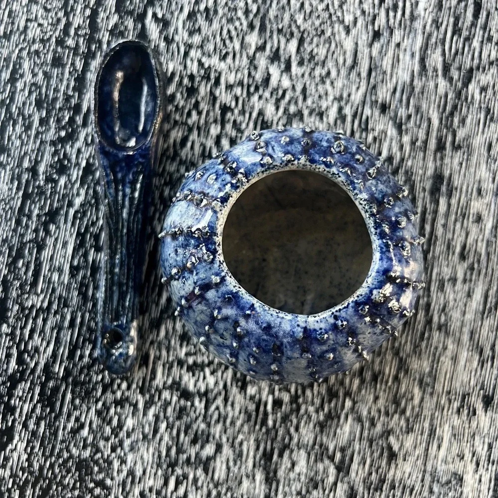 Handmade Sea Urchin pottery sugar bowl and‎ spoon